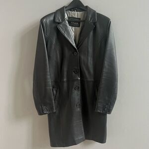 Vintage Adler Collection Long Genuine Leather Coat Size Large Black Button Down